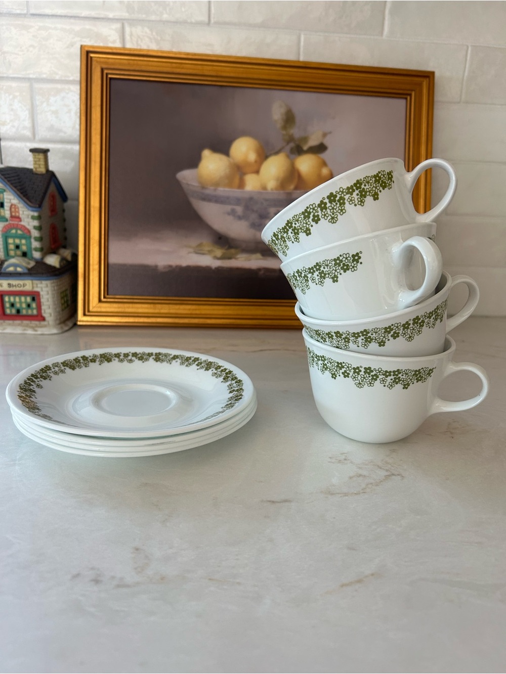 Vintage Corelle Spring Blossom Green Crazy Daisy Cups & Saucers Set of 4